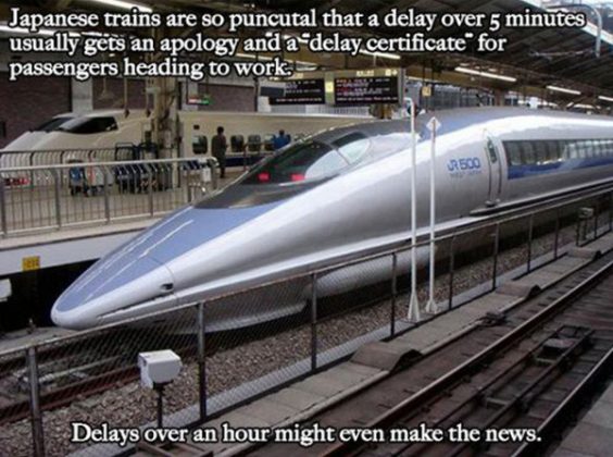 japan train - Japanese trains are so puncutal that a delay over 5 minutes usually gets an apology and a delay certificate for passengers heading to work. 3500 Delays over an hour might even make the news.