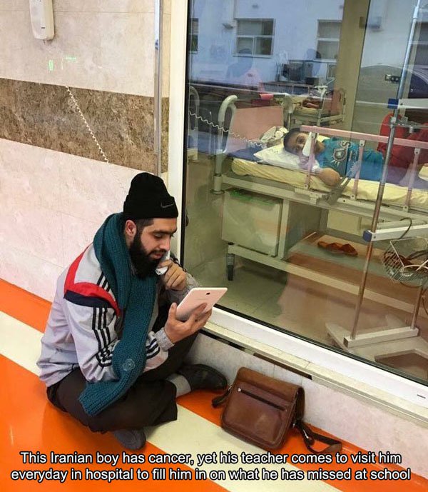 Teacher - This Iranian boy has cancer, yet his teacher comes to visit him everyday in hospital to fill him in on what he has missed at school