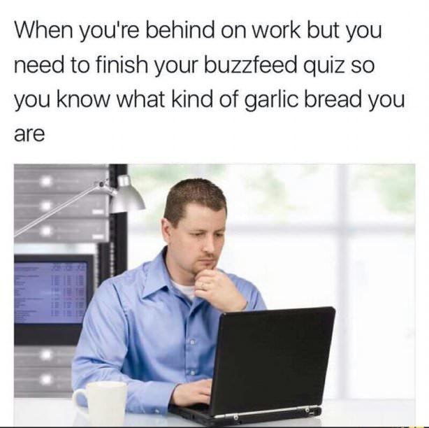 buzzfeed quiz memes - When you're behind on work but you need to finish your buzzfeed quiz so you know what kind of garlic bread you are