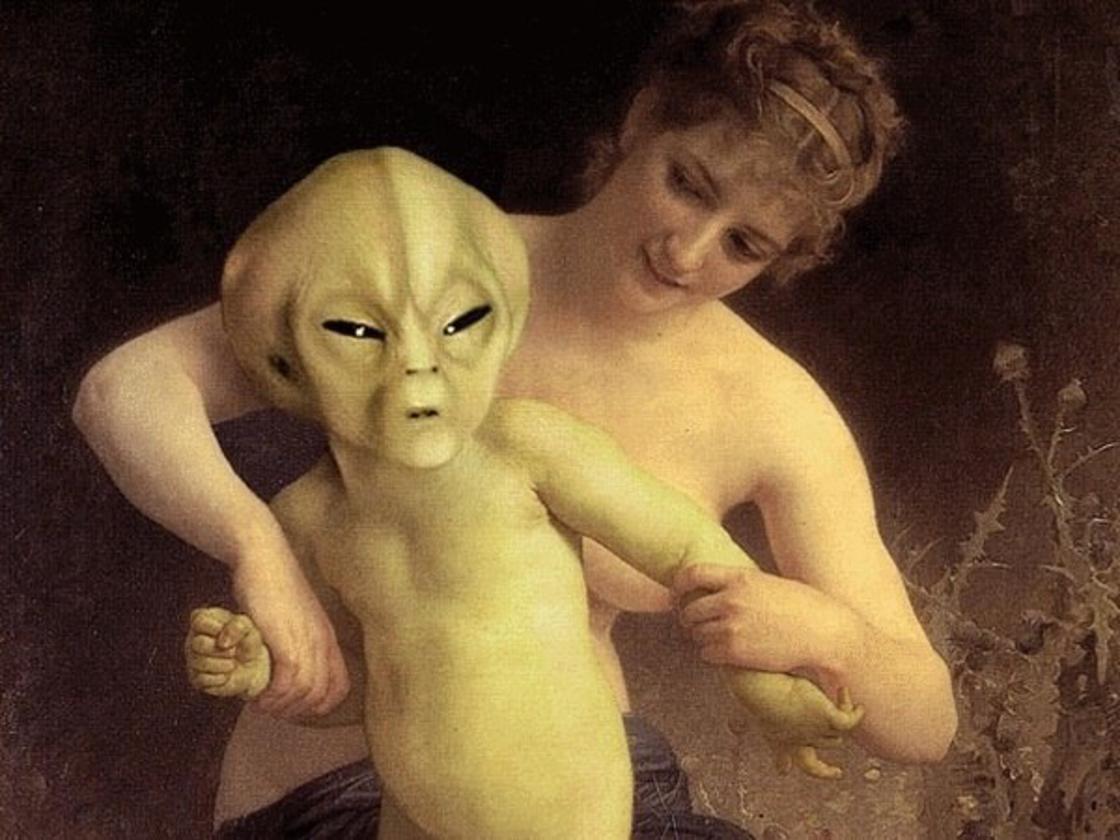 Classic era artwork with zaftig woman wreslting with an alien.