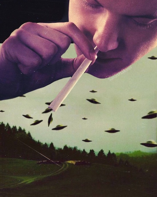 Trippy image of dude snorting up little flying saucers.
