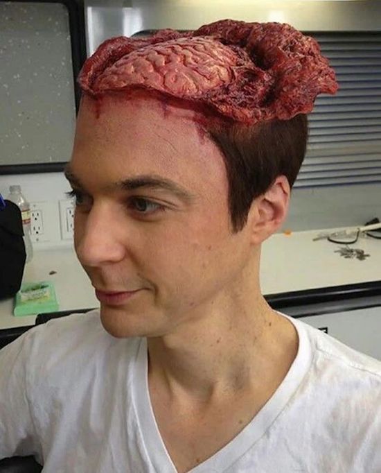 Funny pic of Sheldon Cooper (Jim Parsons) wearing makeup that makes it look like his head is open with brains exposed.