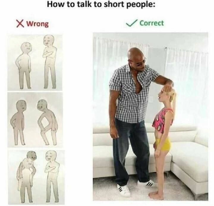 talk to short person meme - How to talk to short people X Wrong Correct
