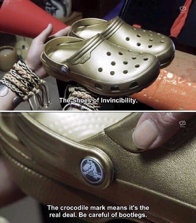 bootleg shoes meme - The Shoes of Invincibility. The crocodile mark means it's the real deal. Be careful of bootlegs.