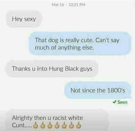 website - Mar 16 Hey sexy That dog is really cute. Can't say much of anything else. Thanks u into Hung Black guys Not since the 1800's Seen Alrighty then u racist white Cunt.....ooooooo