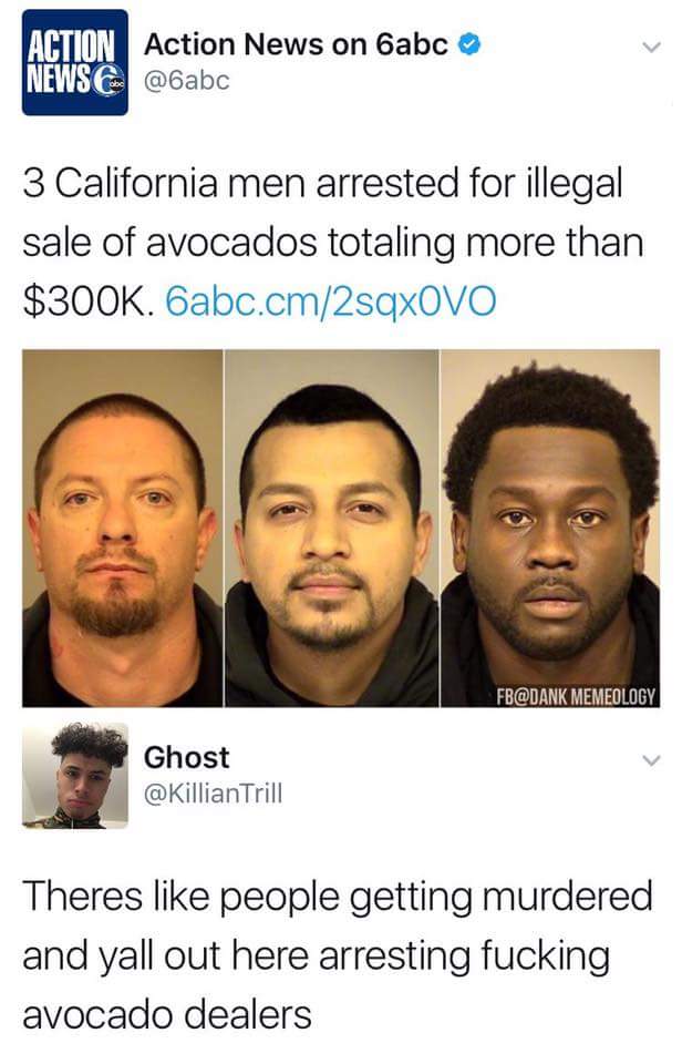 avocado dealers - Action Action News on 6abc News 3 California men arrested for illegal sale of avocados totaling more than $. 6abc.cm2sqxOVO Fb Memeology Ghost Trill Theres people getting murdered and yall out here arresting fucking avocado dealers