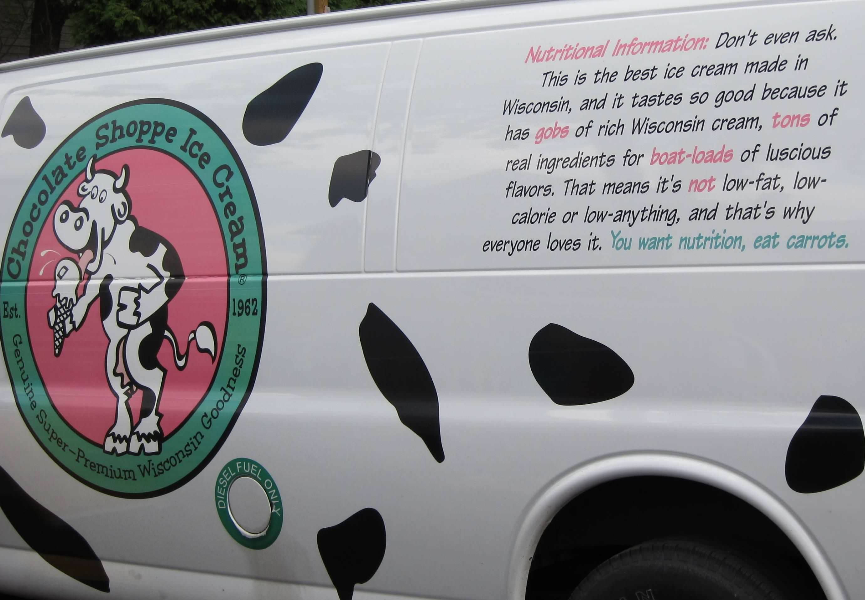 wisconsin ice cream truck - choppe Nutritional Information Don't even ask. This is the best ice cream made in Wisconsin, and it tastes so good because it has gobs of rich Wisconsin cream, tons of real ingredients for boatloads of luscious flavors. That me