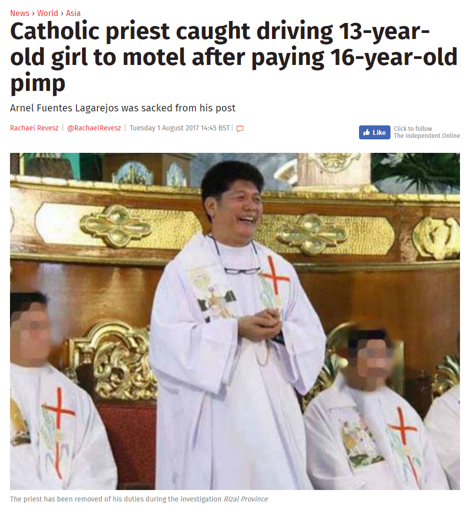 priest philippines - News World Asia Catholic priest caught driving 13year old girl to motel after paying 16yearold pimp Arnel Fuentes Lagarejos was sacked from his post Rachael Rachelvesztesday Stig ktorow The has been removed of his d r ethe station