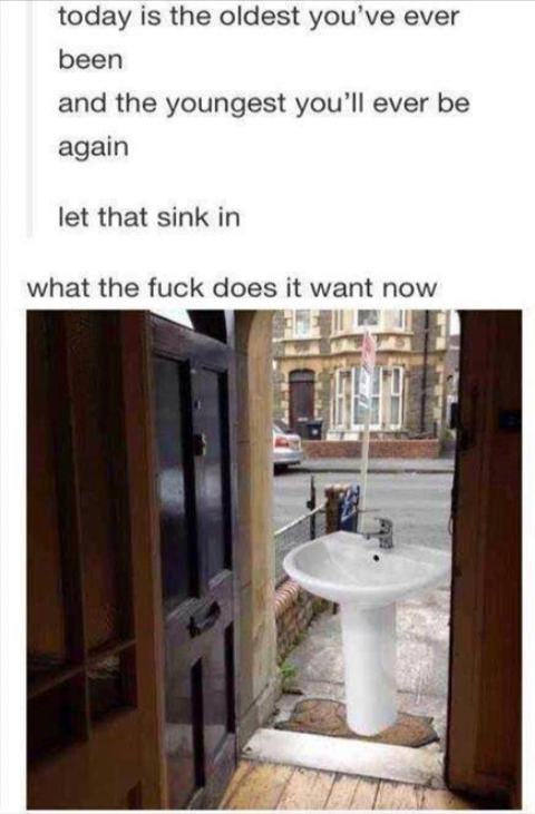 let that sink - today is the oldest you've ever been and the youngest you'll ever be again let that sink in what the fuck does it want now