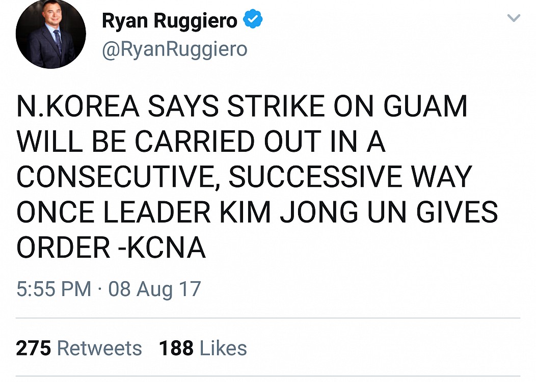 angle - Ryan Ruggiero Ruggiero N.Korea Says Strike On Guam Will Be Carried Out In A Consecutive, Successive Way Once Leader Kim Jong Un Gives Order Kcna 08 Aug 17 275 188