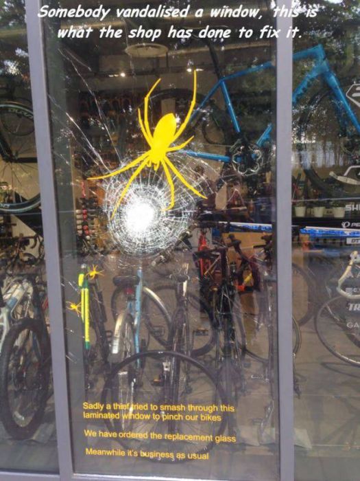 poster - Somebody vandalised a window, this time what the shop has done to fix it. Sadly a thirried to smash through this laminated Window to pinch our bikes We have ordered the replacement glass Meanwhile it's business as usual