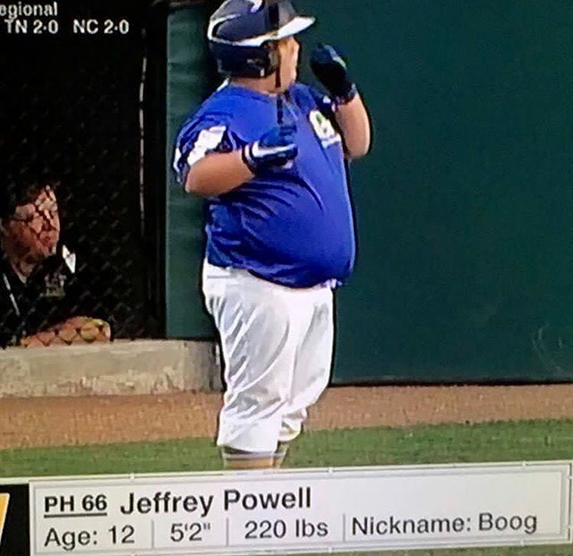 fat baseball kid - egional N 20 Nc 2.0 Ph 66 Jeffrey Powell Age 12 52" 220 lbs Nickname Boog