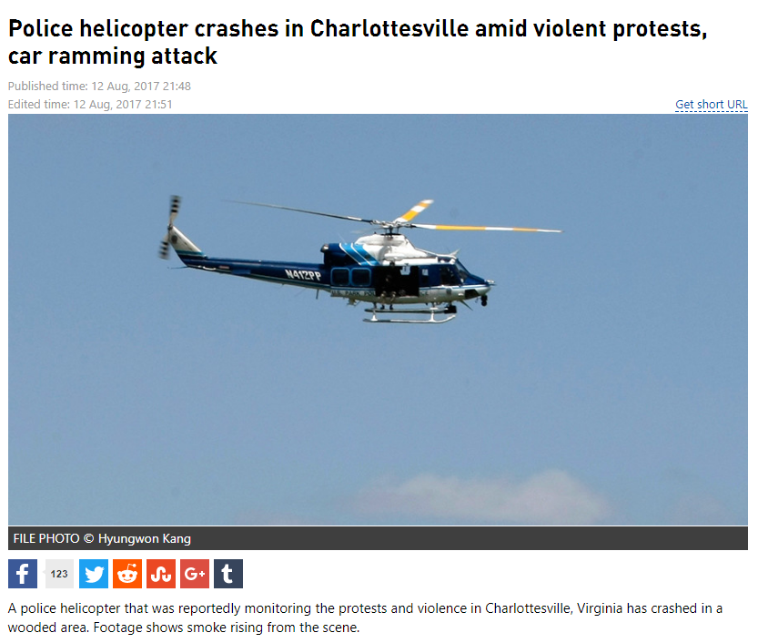 helicopter rotor - Police helicopter crashes in Charlottesville amid violent protests, car ramming attack Published time Edited time Get short Url File Photo Hyungwon Kang A police helicopter that was reportedly monitoring the protests and violence in Cha