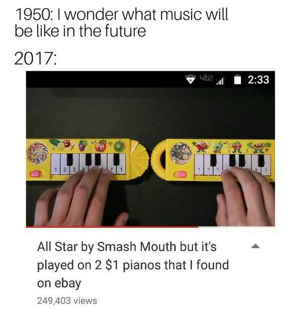 hand - 1950 I wonder what music will be in the future 2017 4K All Star by Smash Mouth but it's played on 2 $1 pianos that I found on ebay 249,403 views