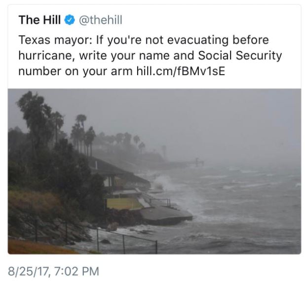 Tweet from Texas mayor to write your name and social security number on your arm if you don't plan on evacuating