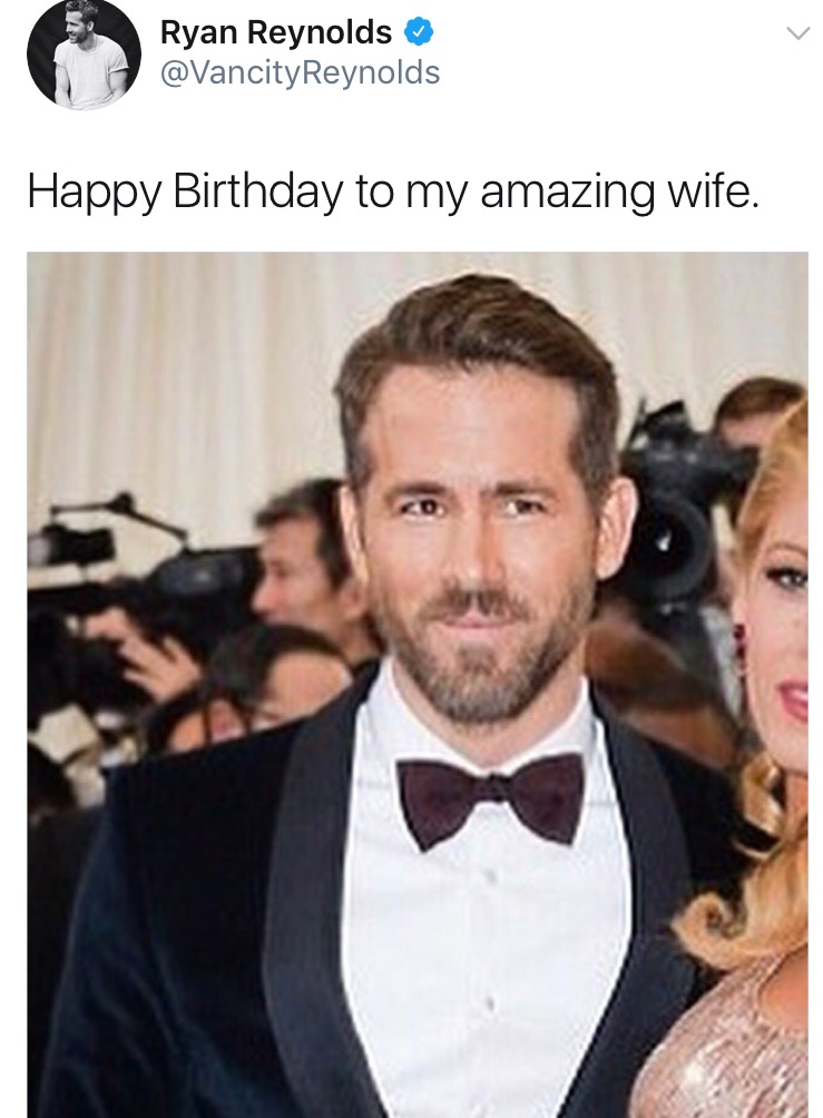 Ryan Reynolds tweet wishing his wife a happy birthday