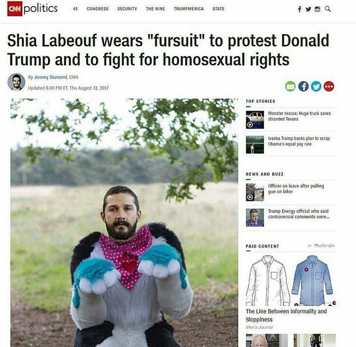 photo caption - and politics 45 Congress Security The Nine Trumpmerica State Shia Labeouf wears "fursuit" to protest Donald Trump and to fight for homosexual rights By Jeremy Diamond, Cnn Updated Et, Thu Top Stories Va Monster rescue Huge truck saves stra