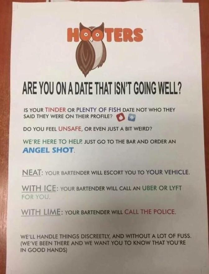 hooters angel shot - Hooters Are You On A Date That Isn'T Going Well? Is Your Tinder Or Plenty Of Fish Date Not Who They Said They Were On Their Profile? Do You Feel Unsafe, Or Even Just A Bit Weird? We'Re Here To Help. Just Go To The Bar And Order An Ang