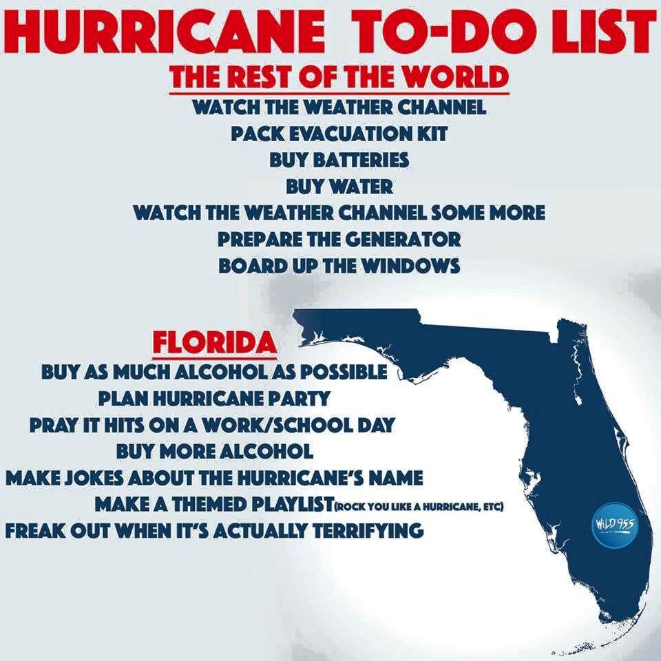 hurricane memes florida - Hurricane ToDo List The Rest Of The World Watch The Weather Channel Pack Evacuation Kit Buy Batteries Buy Water Watch The Weather Channel Some More Prepare The Generator Board Up The Windows Florida Buy As Much Alcohol As Possibl