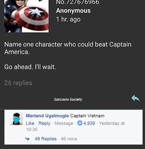 funny meme of someone who baits to find out who would beat Captain America and funny response of Captain Vietnam