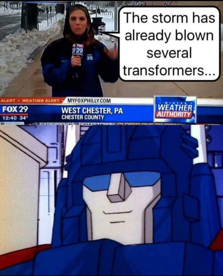 funny meme about Hurricane Irma when reporter claims it has blown several transformers and Optimus Prime smiling