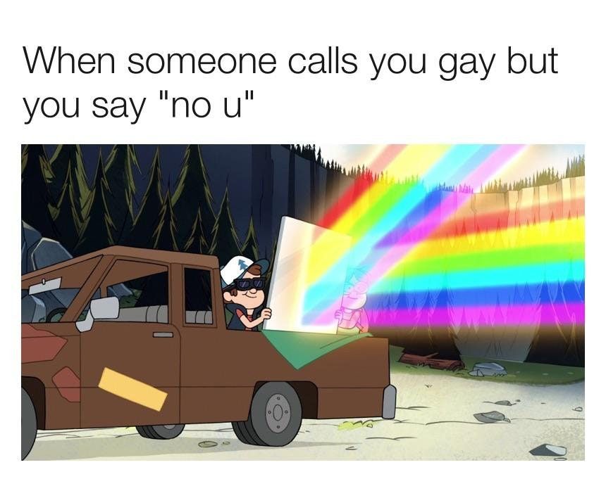 Meme of reflecting the gay comment with a rainbow mirror
