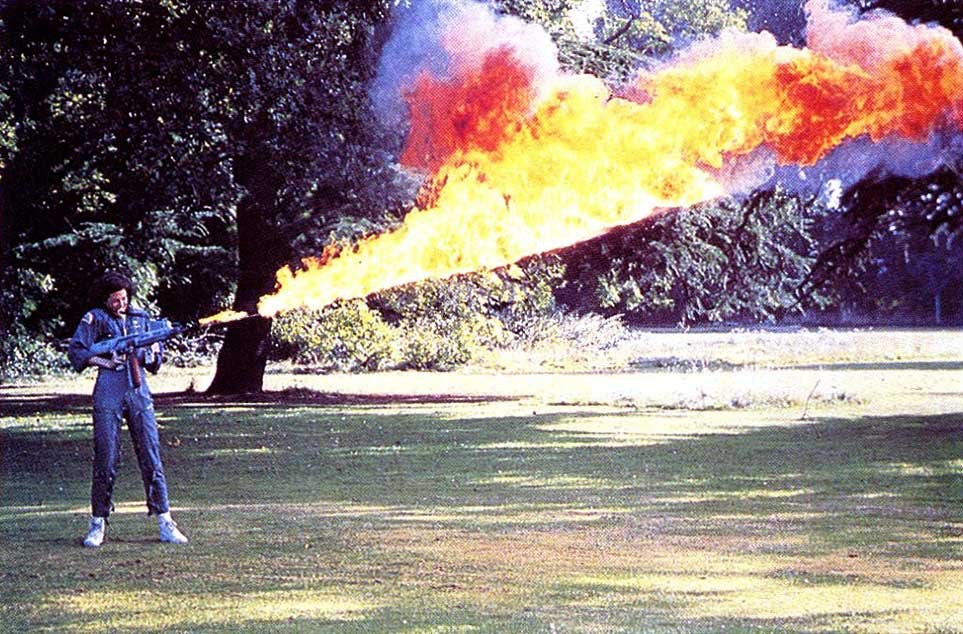 Sigourney Weaver testing the flamethrower for Alien.