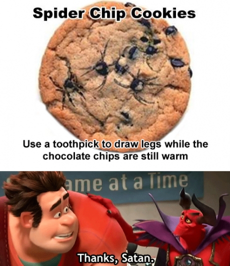 thanks satan meme - Spider Chip Cookies Use a toothpick to draw legs while the chocolate chips are still warm me at a Time Thanks, Satan.