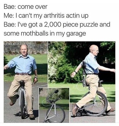 can t come over meme - Bae come over Me I can't my arthritis actin up Bae I've got a 2,000 piece puzzle and some mothballs in my garage Shitheadsteve