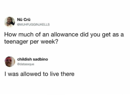 document - N Cr How much of an allowance did you get as a teenager per week? childish sadbino datassque I was allowed to live there