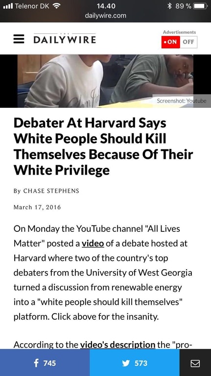 albert einstein - ..Il Telenor Dk 89% 14.40 dailywire.com Dailywire Advertisements On Off Screenshot Youtube Debater At Harvard Says White People Should Kill Themselves Because Of Their White Privilege By Chase Stephens On Monday the YouTube channel "All 