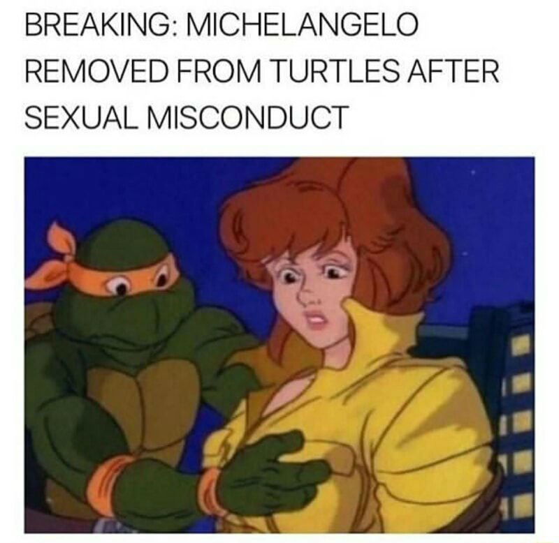 funny meme of a scene from Teenage Mutant Ninja Turtles in which Michelangelo might be groping and hence needs to be removed from the Turtles for sexual misconduct