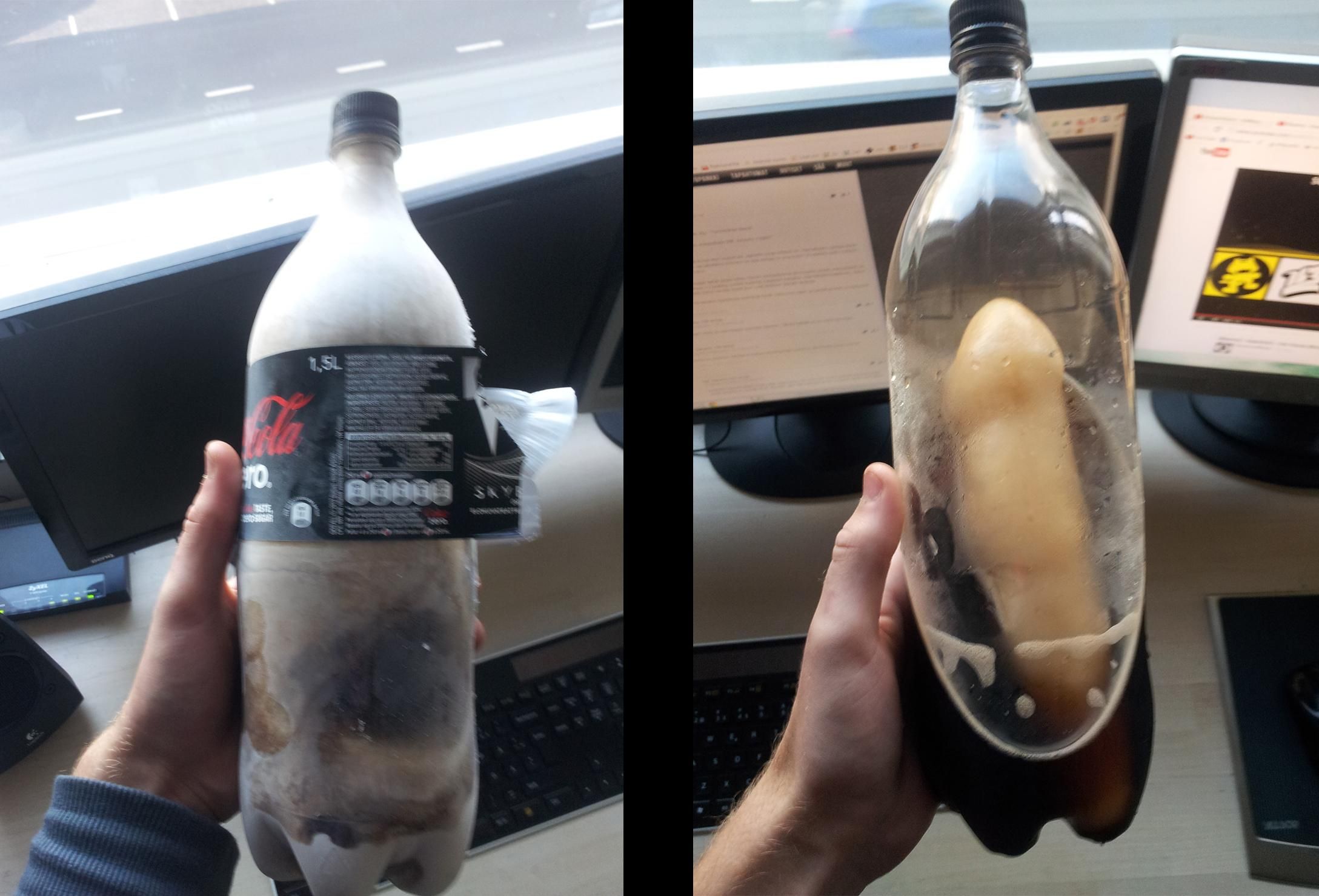 Frozen bottle of diet coke that looks like it has an ice dildo in it after drinking most of what melted