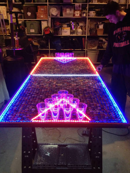 beer pong table made of bottle caps -