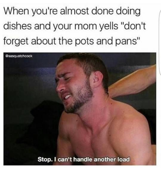 cropped porn memes - When you're almost done doing dishes and your mom yells "don't forget about the pots and pans" Gsasquatchcock Stop. I can't handle another load