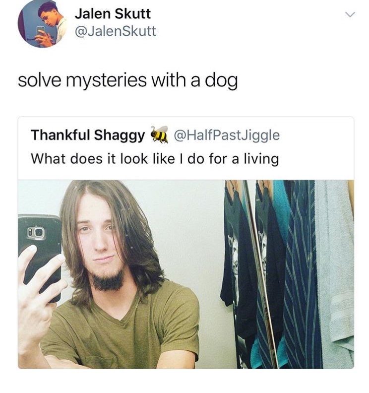 random pic does it look like i do - Jalen Skutt Skutt solve mysteries with a dog Thankful Shaggy What does it look I do for a living 00