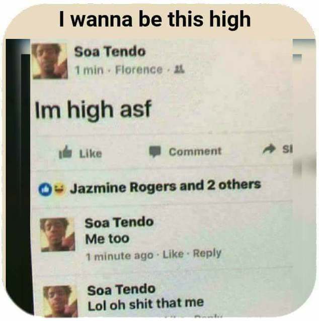 im high asf - I wanna be this high Soa Tendo 1 min. Florence 2. Im high asf Comment si O Jazmine Rogers and 2 others Soa Tendo Me too 1 minute ago Soa Tendo Lol oh shit that me