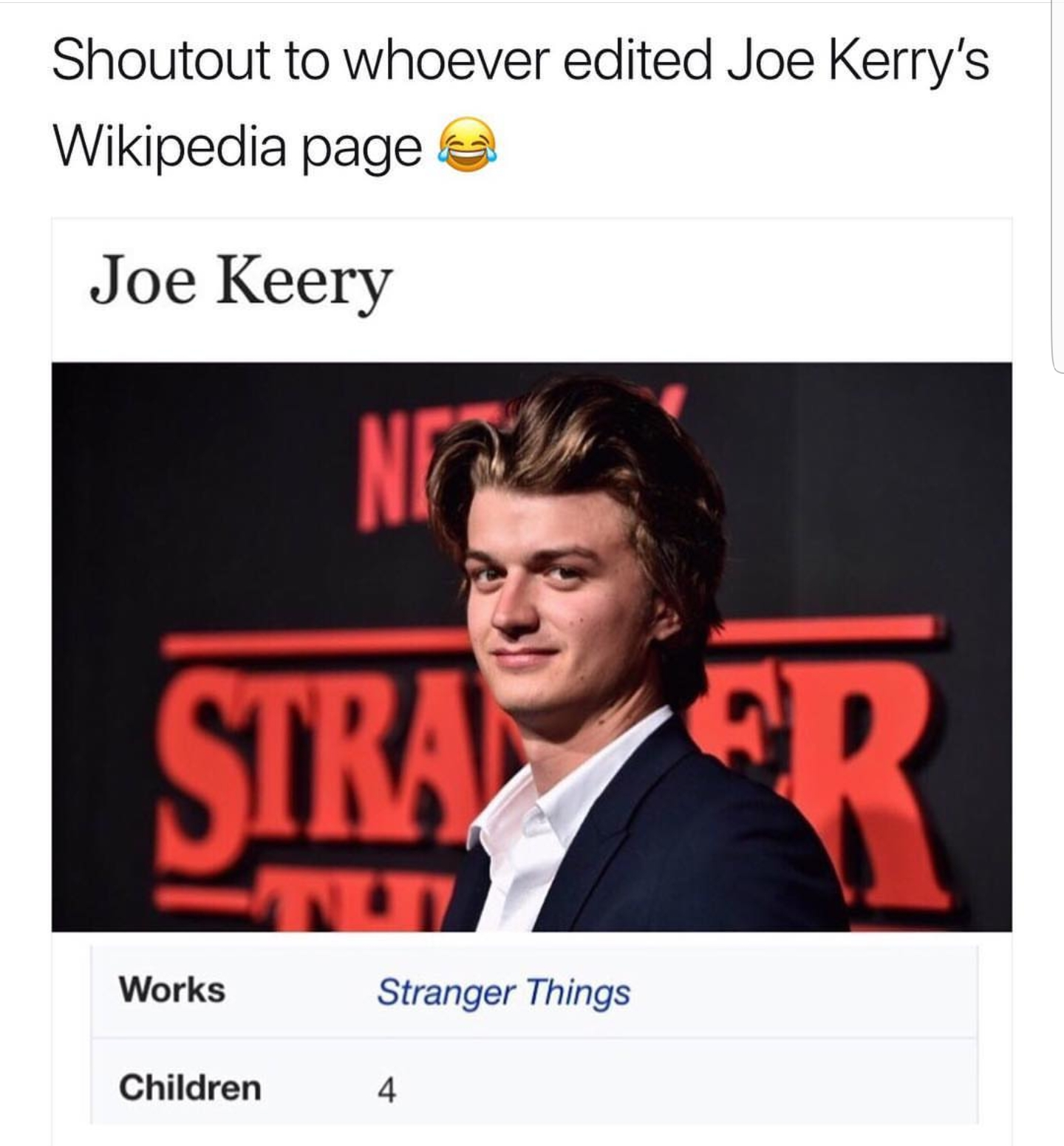 joe keery stranger things steve - Shoutout to whoever edited Joe Kerry's Wikipedia page Joe Keery Stra Works Stranger Things Children 4