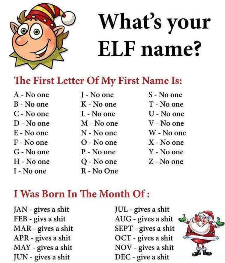 elf name meme - What's your Elf name? The First Letter Of My First Name Is A No one J No one S No one B No one K No one T No one C No one L No one U No one D No one M No one V No one E No one N No one W No one F No one 0 No one X No one GNo one P No one Y