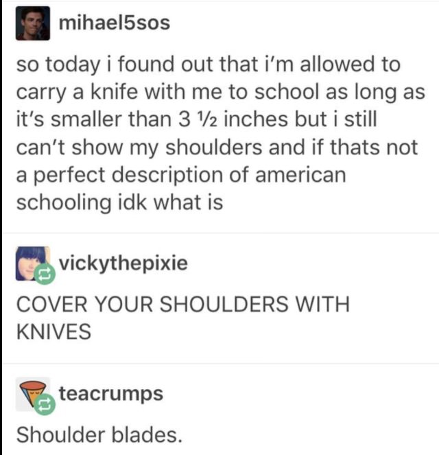 document - mihael5sos so today i found out that i'm allowed to carry a knife with me to school as long as it's smaller than 3 12 inches but i still can't show my shoulders and if thats not a perfect description of american schooling idk what is Cevickythe