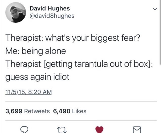 David Hughes Therapist what's your biggest fear? Me being alone Therapist getting tarantula out of box guess again idiot 11515, 3,699 6,490