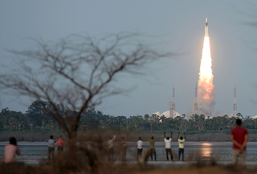 The Indian Space Research Organization communication satellite GSAT-19, carried aboard the Geosynchronous Satellite Launch Vehicle, launches at Sriharikota on June 5, 2017. India's most powerful homegrown rocket to date launched on June 5, another milestone for its indigenous space program that one day hopes to put a man into orbit.