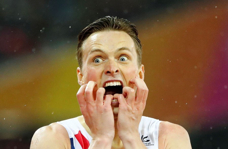 Karsten Warholm of Norway reacts after winning the Men's 400-Meter Hurdles Final in the World Athletics Championships in London England, on August 9, 2017.