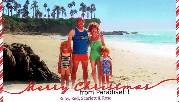awkward family Christmas cards - bergeron christmas cards - from Paradise!!! Ruby, Red, Scarlett & Rose