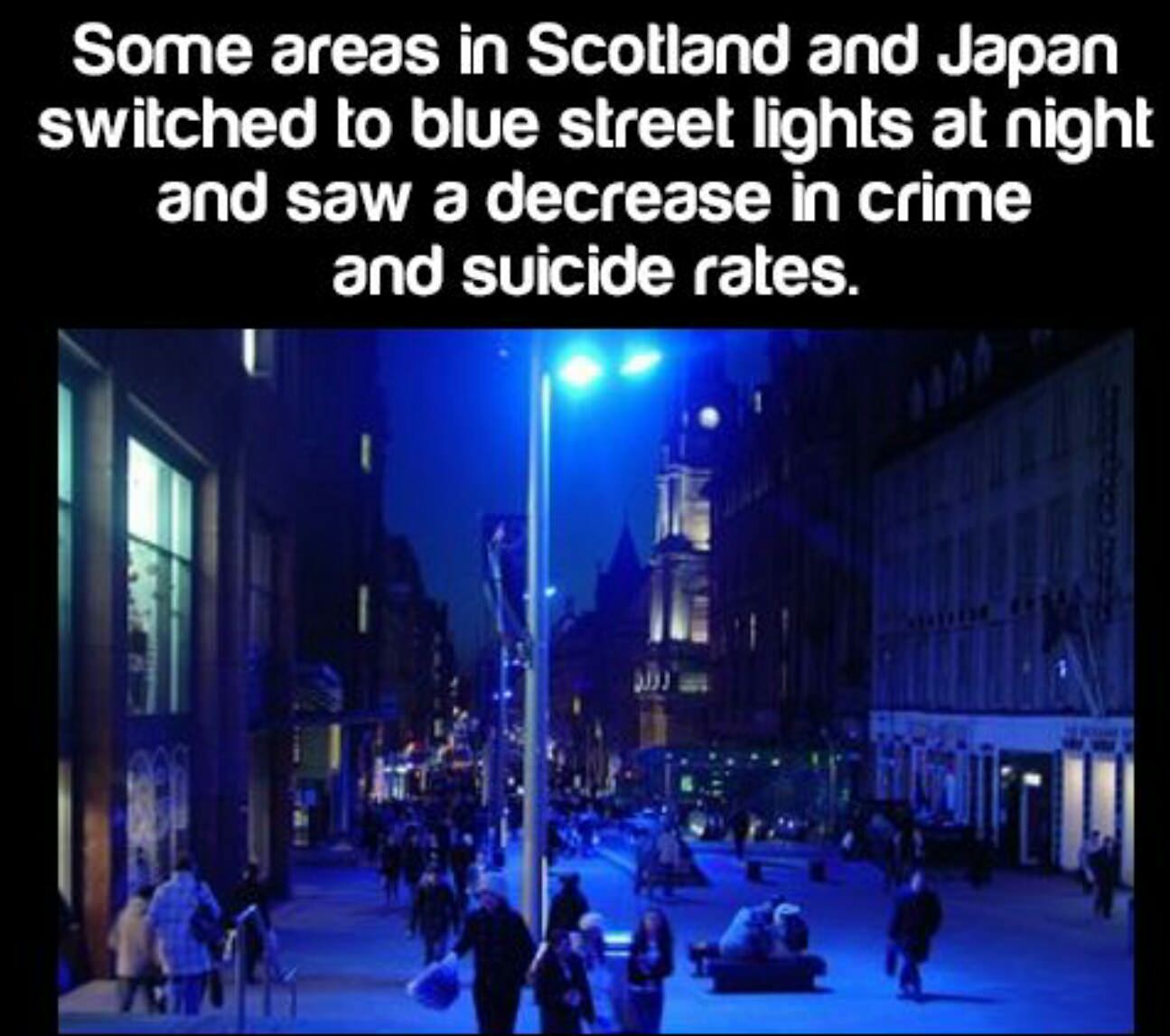 japan blue street lights - Some areas in Scotland and Japan switched to blue street lights at night and saw a decrease in crime and suicide rates. 2