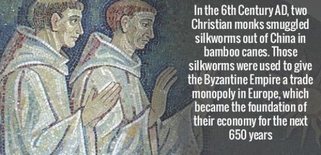 In the 6th Century Ad, two Christian monks smuggled silkworms out of China in bamboo canes. Those silkworms were used to give the Byzantine Empire a trade monopoly in Europe, which became the foundation of their economy for the next 650 years Slee