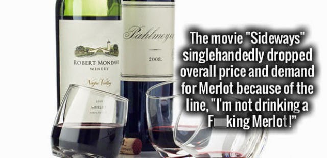 liqueur - Fahima 2008 Robert Monds Winery Tapi Tilby The movie "Sideways" singlehandedly dropped overall price and demand for Merlot because of the line, "I'm not drinking a Fiking Merlot!"