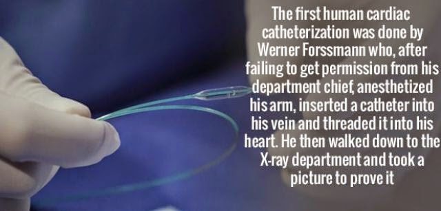 material - The first human cardiac catheterization was done by Werner Forssmann who, after failing to get permission from his department chief, anesthetized his arm, inserted a catheter into his vein and threaded it into his heart. He then walked down to 