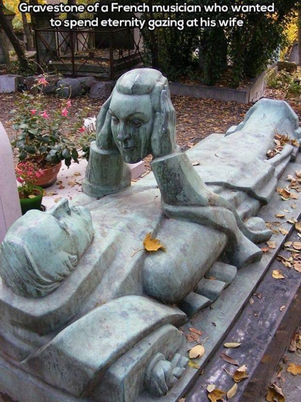 Gravestone of a French musician who wanted to spend eternity gazing at his wife
