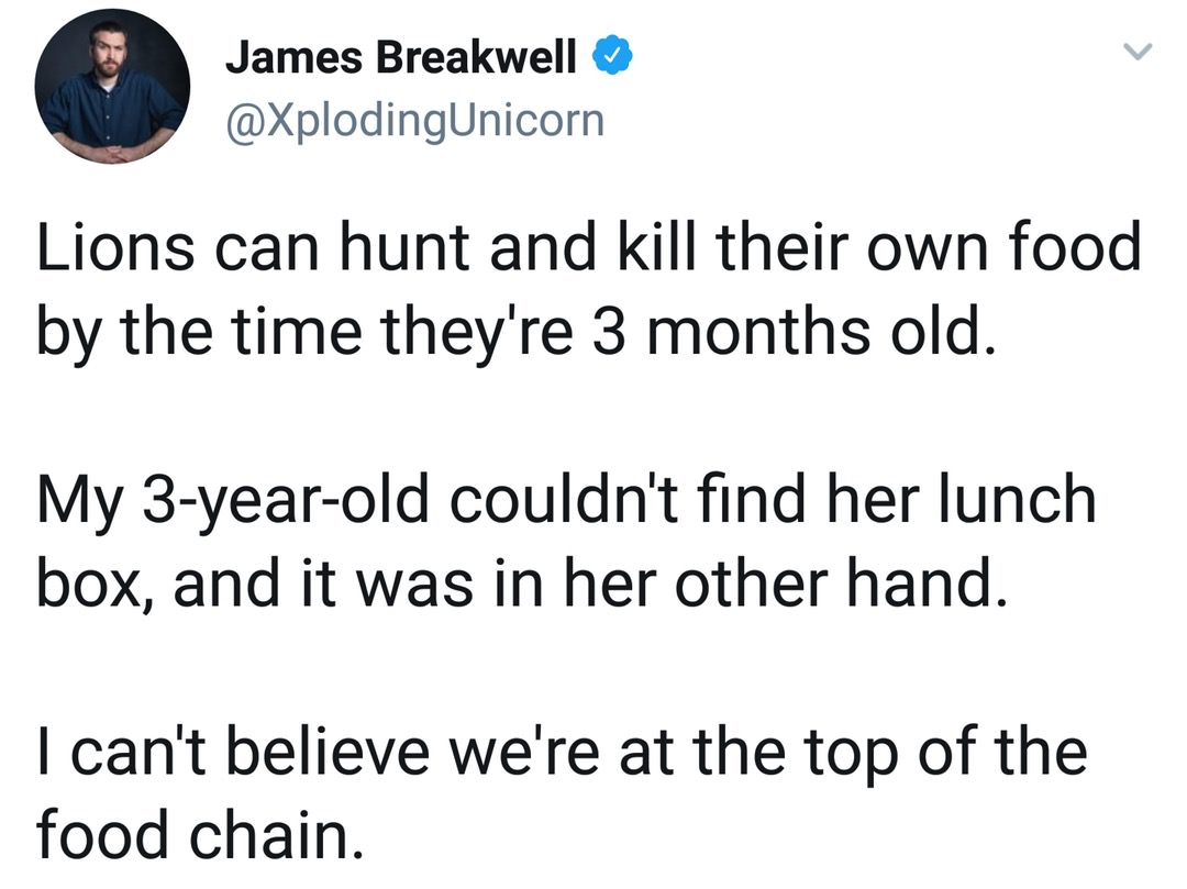 angle - James Breakwell Lions can hunt and kill their own food by the time they're 3 months old. My 3yearold couldn't find her lunch box, and it was in her other hand. I can't believe we're at the top of the food chain.